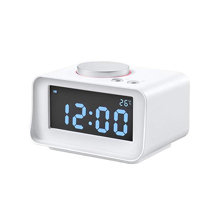 Addprime USB Alarm Clock Radio and Wireless Speaker, Digital Alarm Clock with Dual USB Charging Port, 5 Dimmer, Snooze Function, FM Radio, Thermometer show in LCD screen for Bedroom, Kitchen White