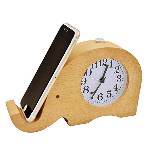 ECVISION Wooden Clock Cell phone Stand Small Silent Desk Snooze beech Wood Alarm Clock,Handmade Mute Creative Elephant Alarm Clock with Nightlight (Elephant)