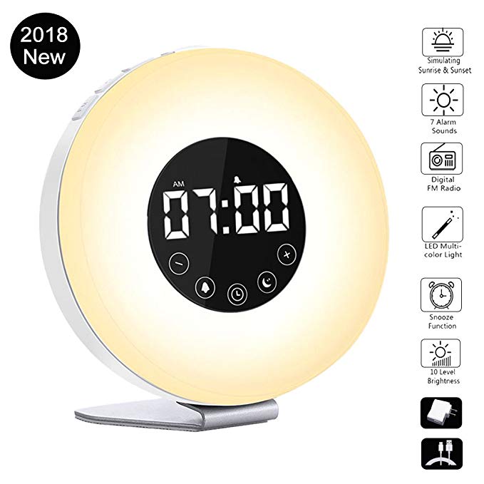 Aonerex Wake Up Light Alarm Clock With Sunrise & Sunset Simulation lights, 6 Different Nature Inspired Tune, 7 light colors, FM Radio, Snooze Function Makes It Great Bedside Light, a Idea