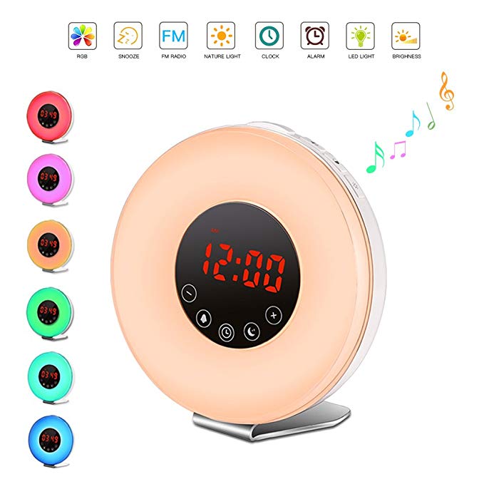 YonRui Sunrise Wake up Light Digital Alarm Clock Radio with sunrise and sunset simulation FM Radio, 7 Colors, 6 Natural Sounds for bedroom, bedside and kids (Wake Up Alarm Clock-05)