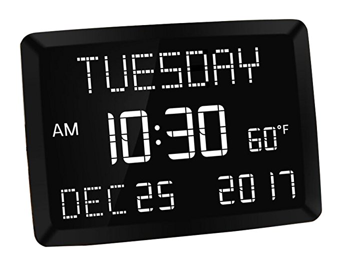 Mesqool 11.5” Digital LED Calendar Day Clock Bedroom Wall Desk Kitchen - Temperature,Date Time, Dual USB Charging, 3 Alarms, 5 Dim, Battery Backup Vision Impaired, Elderly, Memory Loss