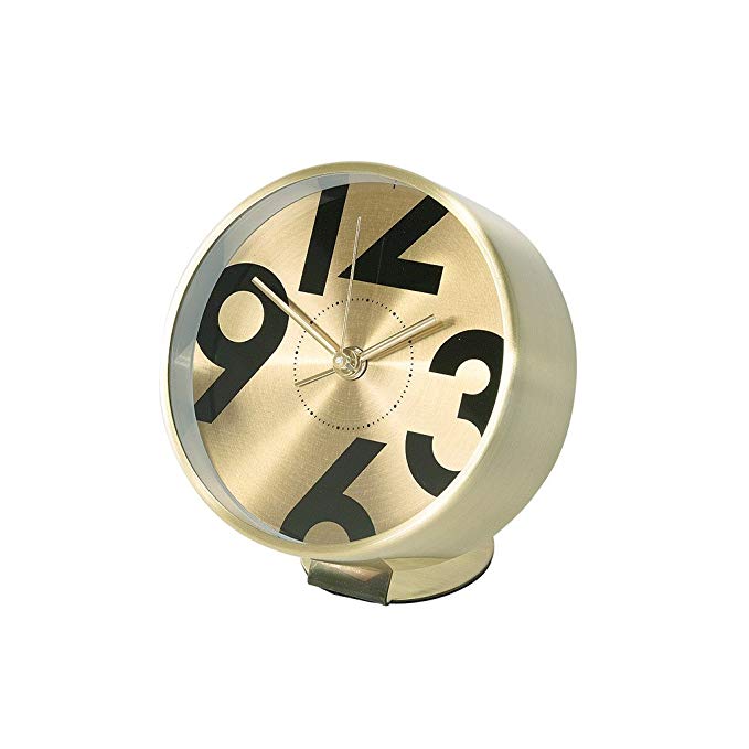 Time Concept Round Number Bedside Alarm Clock - Gold - Metal Steel Frame, 1 x AA Battery Operated