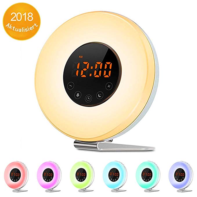 WEIJI Wake Up Light Alarm Clock, Digital Alarm Clock with Colored Sunrise Simulation, 7 Colors, 6 Nature Sounds, FM Radio, Touch Control for Heavy Sleepers