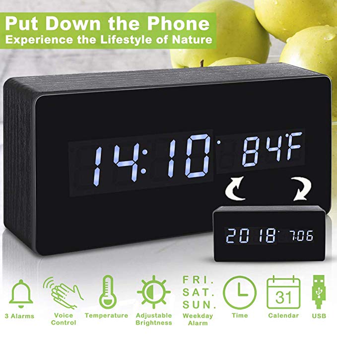 Alarm Clock,Digital Clock Wood Alarm Clocks for Bedrooms Voice Command LED Small Desk Clock with Acrylic Screen Wooden Clocks Beside Black Nightstand Alarm Clock Show Time Date Temperature