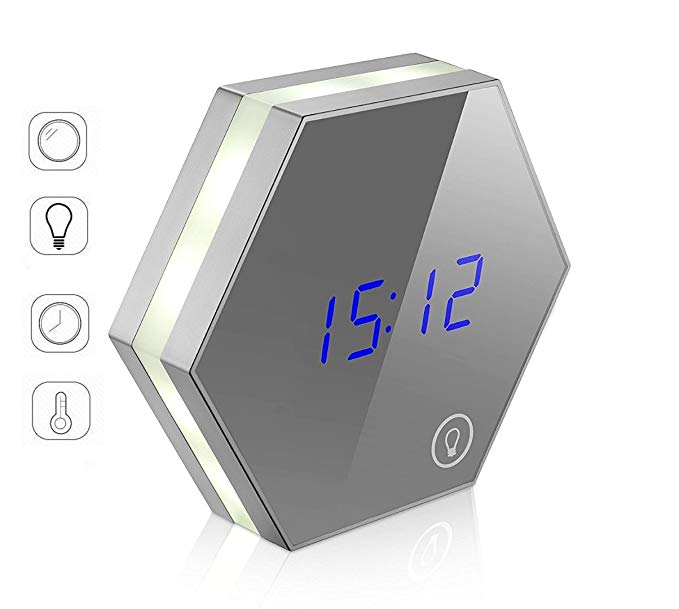 Rechargeable Mirror Alarm Clock Smart LED Digital Display with Cosmetic Mirror, Touch Sensor Eye Care Night Light, Digital Thermometer, Calendar and Clock, Desk or Room Decoration