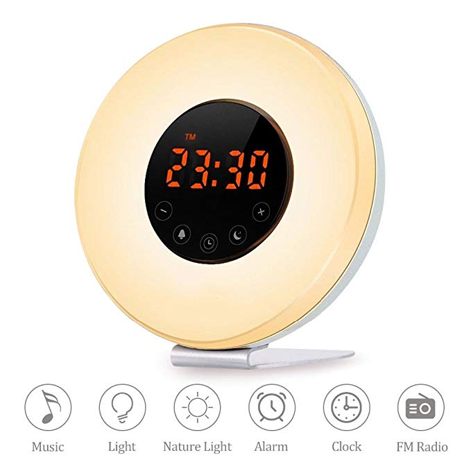 Amisofia Sunrise Sunset Simulation Wake Up Light Alarm Clock Snooze Function Touch Controlled with 6 Nature Sounds 10 Brightness Levels 7 Colors Night Light, FM Radio Digital Alarm Clock