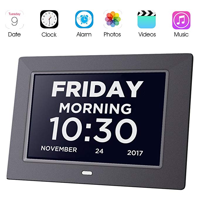 Day Clock Extra Large Impaired Vision Digital Alzheimer Clock Dementia with Time, Day and Date, Month and Year showing, Calendar/Photo Display Function, for Elderly, Memory Loss,Alzheimer