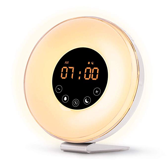 Wake Up Light Digital Alarm Clock with Sunrise Simulation - 6 Nature Sounds, FM Radio, Sunset Fading Night Light for Bedside and Kids, Sunrise Digital Alarm Clock for Heavy Sleepers