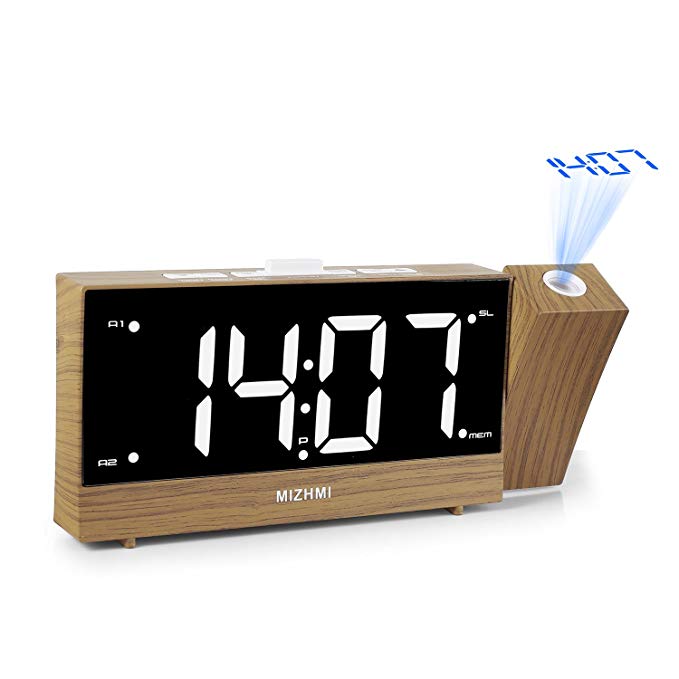 MIZHMI Projection Alarm Clock Dual Alarms with FM Radio Usb Charging Dimmer 5.5'' LED 12/24 Hour Display and Dimming Nap/Sleep Timer Snooze Function