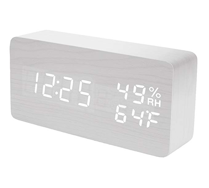 Raercodia Wooden Alarm Clock Modern Wood Digital Clock Electronic Desk Clock LED Display Time Date Temperature Humidity Voice Control 3 Alarms 3 Brightness for Home Office Kids (White,White)