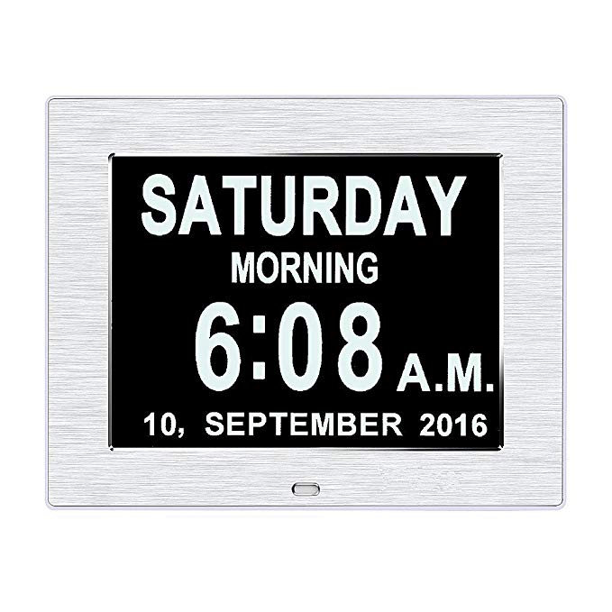 The Original Memory Loss Digital Calendar Day Clock with Extra Large Non-Abbreviated Day & Month.8inch LED with Extra Large Day, Month,Time for Elderly (SILVER) , Perfect for Mom Dad And Seniors