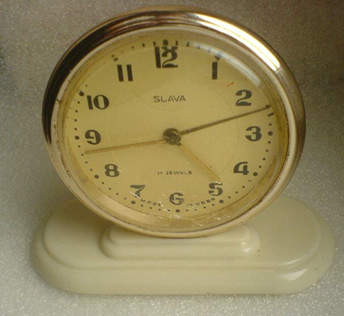 USSR Soviet Russian SLAVA 11Jewels Mechanical Alarm Clock White & Gold