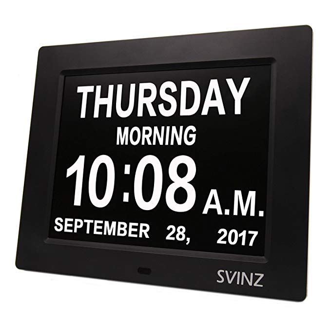 SVINZ 3 Alarms Dementia Clock, 2 Auto-Dim Options, Large Display Digital Calendar Day Clock for Vision Impaired, Elderly, Memory Loss, Black, SDC008W