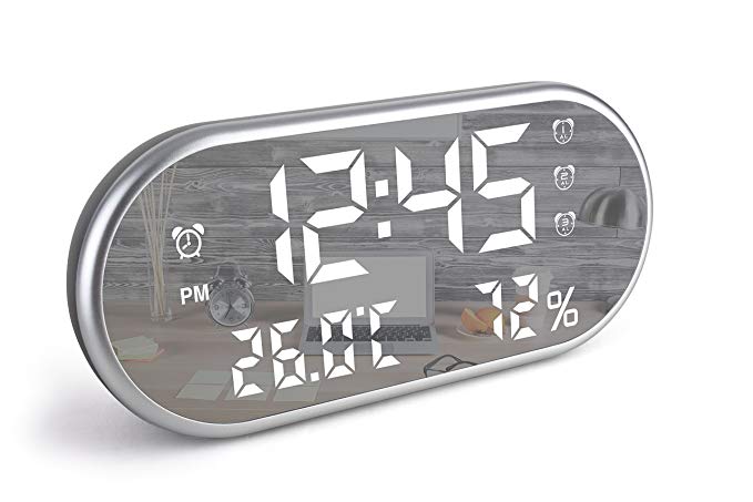 Digital Alarm Clock, edola LED Digital Clock USB Charger Port LED Mirror Display Time/Humidity/Temperature/Display Function, 3 Brightness Adjustment, Dual Alarm Clock Bedroom