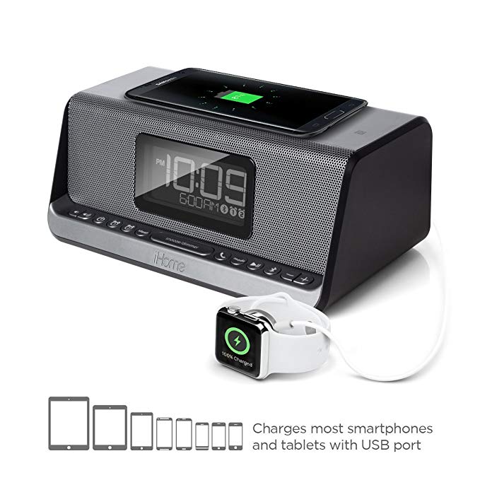 iHome iBN350 NFC Bluetooth Stereo Dual Alarm Clock with Speakerphone, Qi Wireless Charging and USB Out Charging for Any USB Device - (Certified Refurbished)